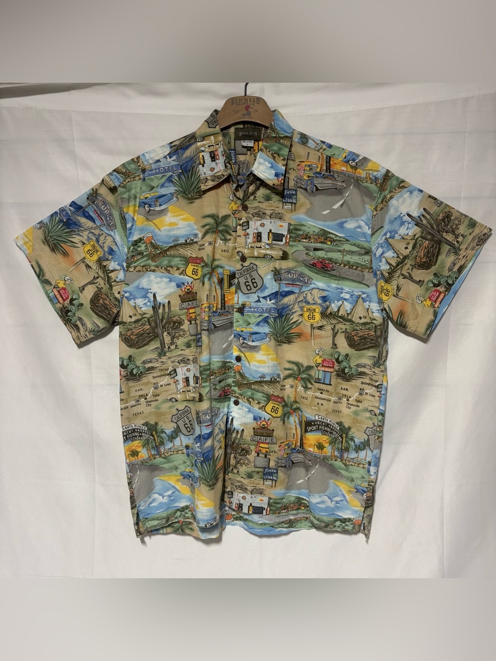 Vintage High Seas Trading Co Route 66 Hawaiian Shirt Made in USA Large